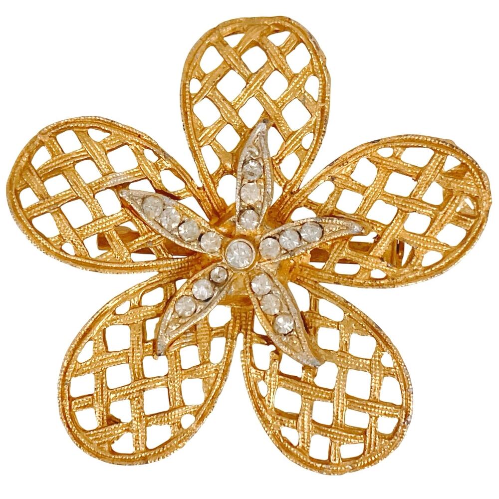 Vintage Mid Century Gold Tone Rhinestone Lattice Crisscross Floral Flower Brooch
